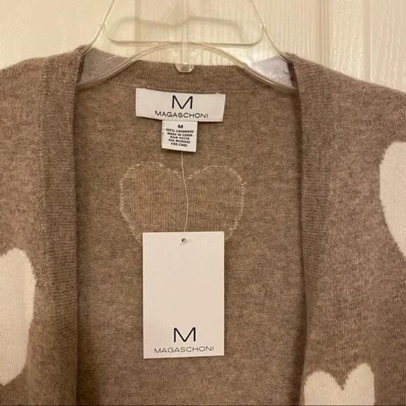 MAGASCHONI Heart Open Front Cashmere Cardigan in Pebble Heather/Frost White Sz M - Picture 5 of 9